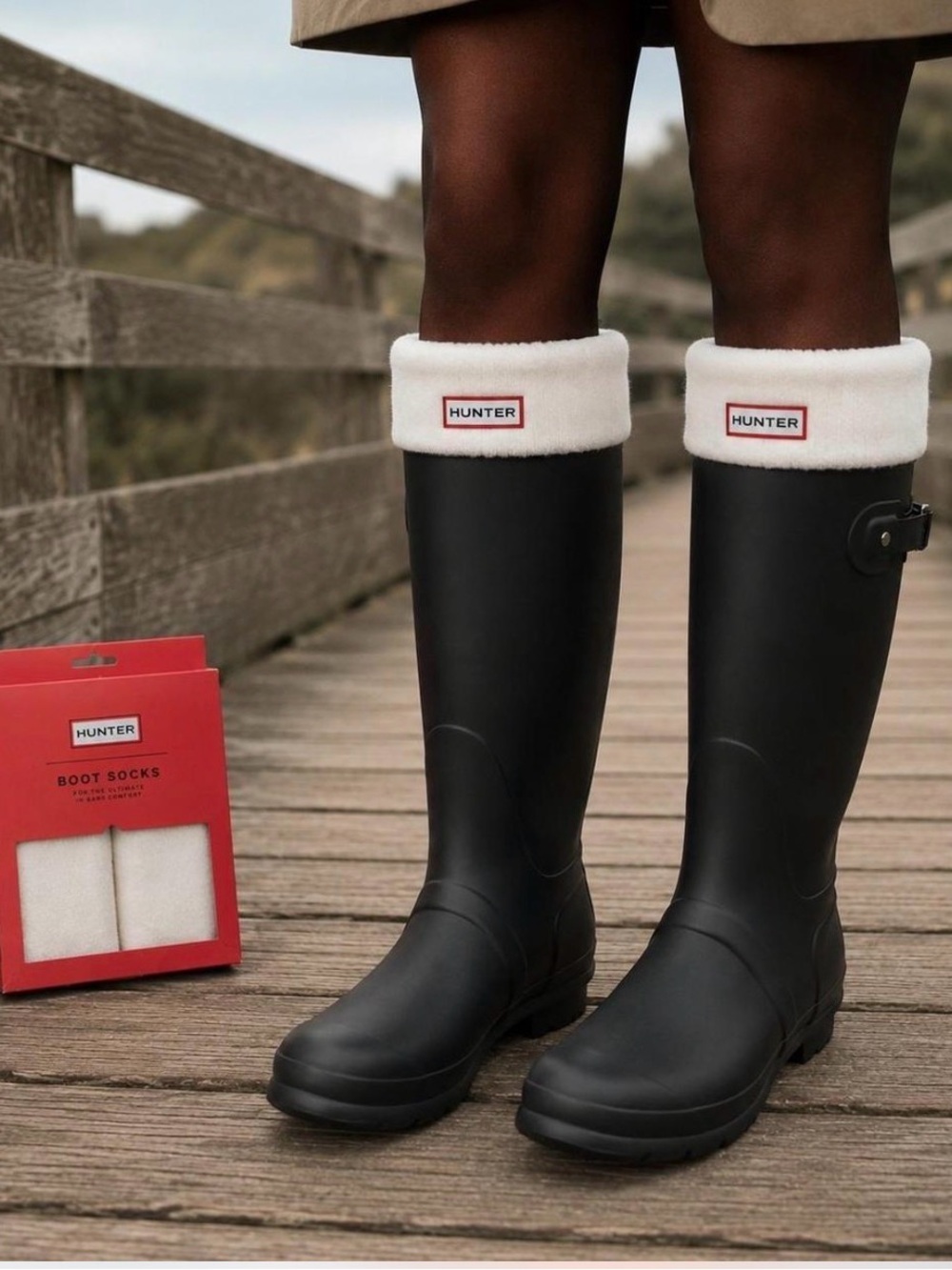 Hunter Black Rain Boots with White Boot Socks Cuffs